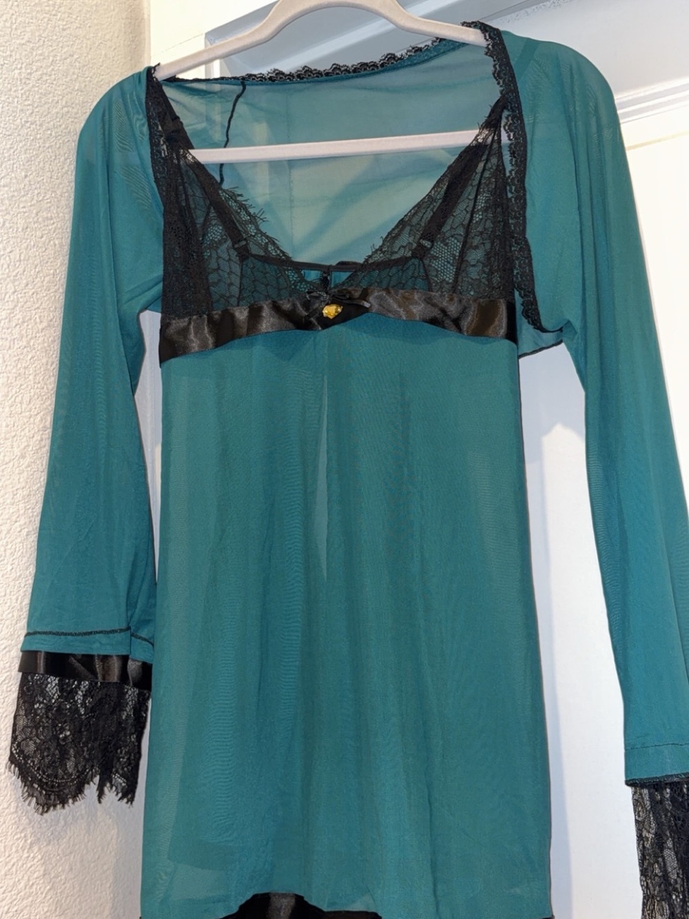 Teal Long-Sleeve Lace-Trim Chemise with Satin Band